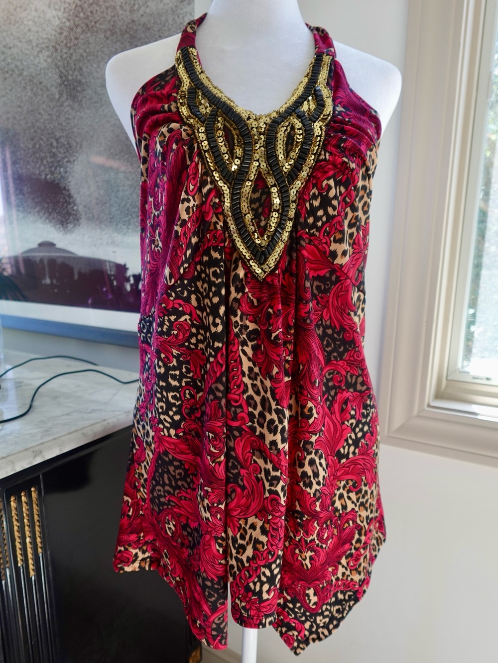 Dots XL Halter Tunic Top Cheetah Print Baroque Beaded Whimsigoth Y2K Boho resort